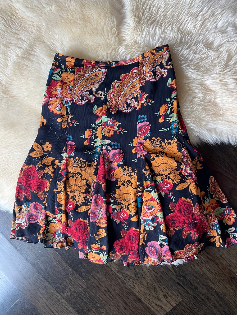 Tribal 2 Fall Flowers Paisley Black A-Line Skirt - Vibrant Red & Mustard